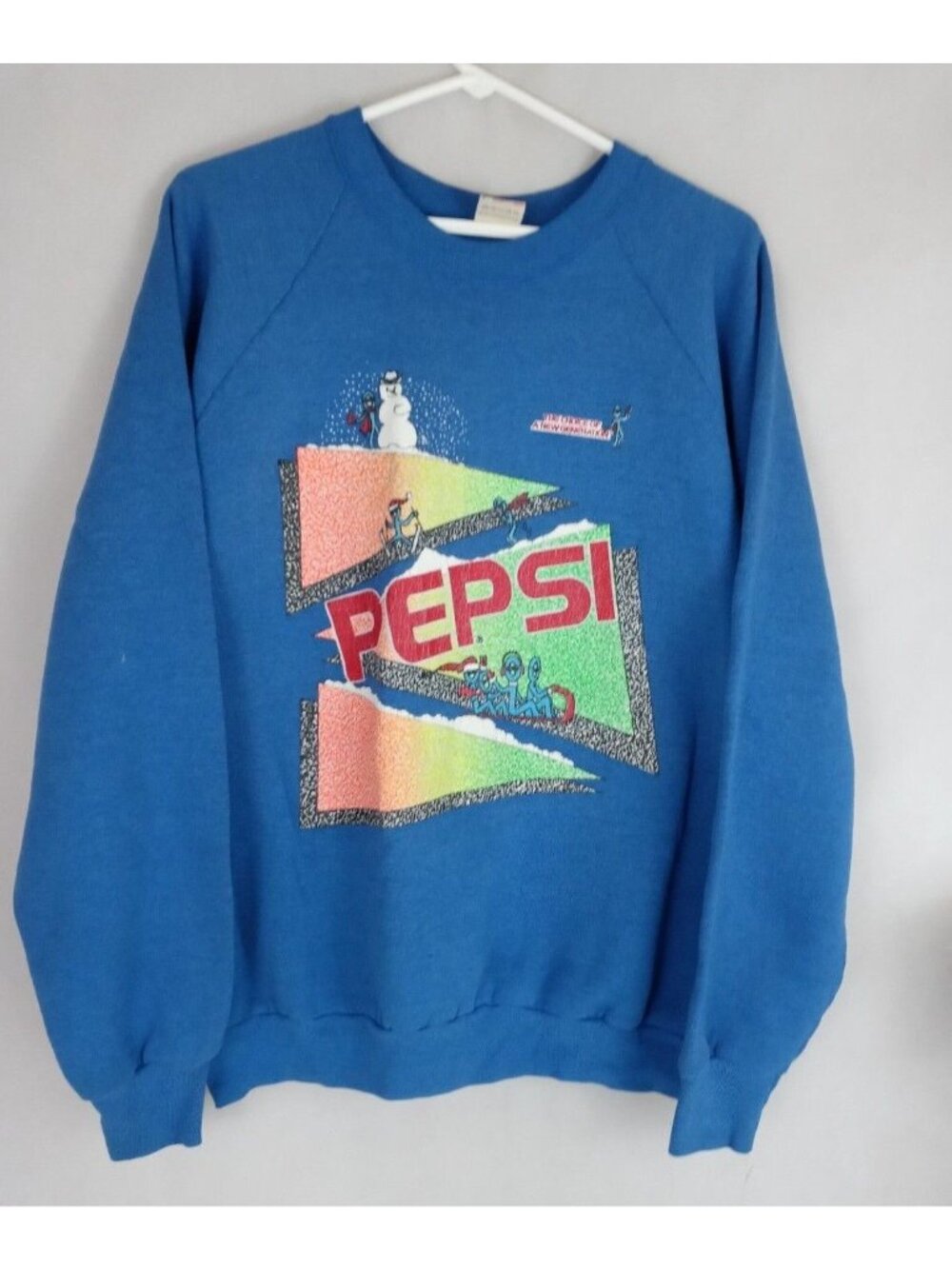 Vintage 80's Pepsi Snowboarding Skiing Blue Colorful Sweatshirt Size XL